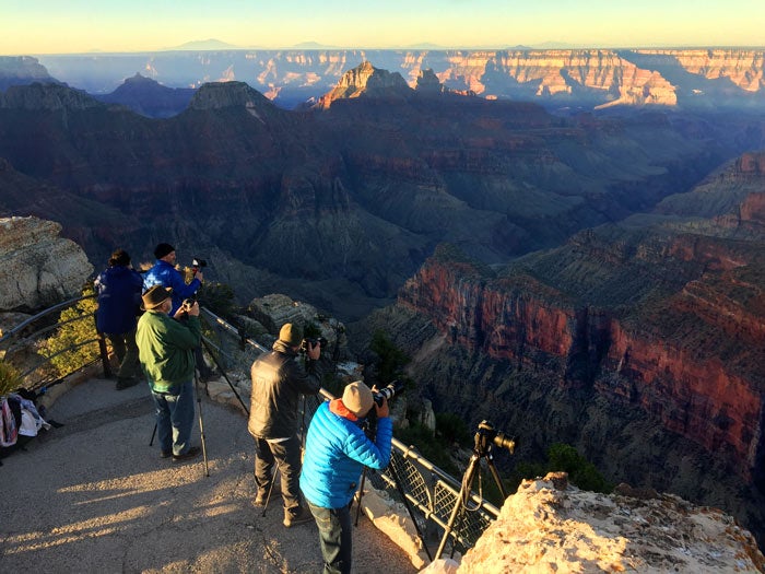GC-NRim-workshop-sunrise_DaveKrause_700v Setting up the shot as the sun rises at the north rim of the Grand Canyon