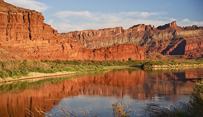 Moab-CO-River-reflection_DP_680 Red rocks reflected on the Colorado River near Moab, Utah.