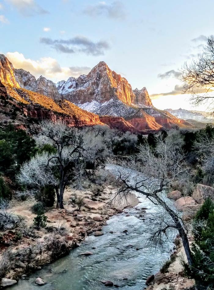 Zion-Watchman-winter_Tam19NicholasBarber_700v View of the Watchman with snow from the bridge over the Virgin River in Zion National Park