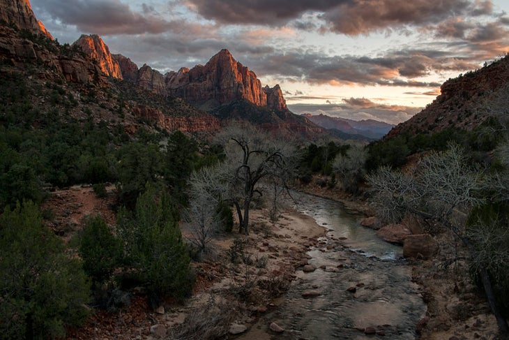 Zion-Wathcman-sunset_KenHubbard_800 Sun setting on the Watchman and Virgin River in Zion National Park