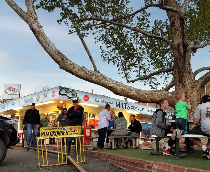 Eating under the big tree in front of Milt's Stop & Eat at sunset