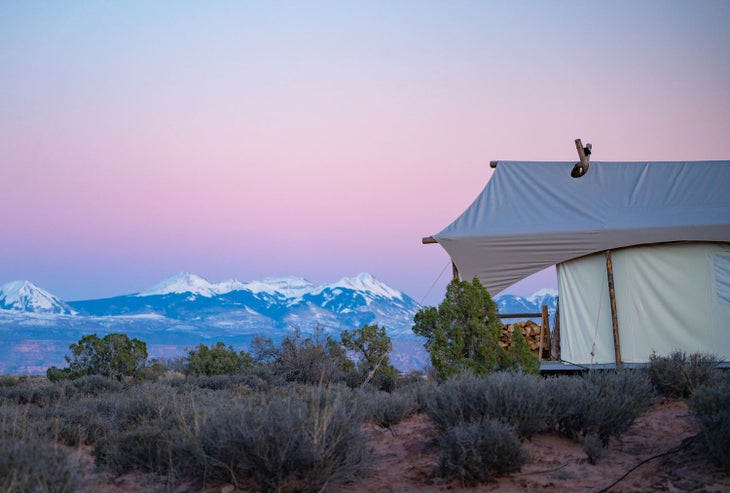 Sunset over the La Sal Mountains at Under Canvas Moab