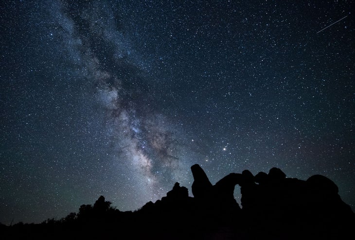 Milky Way over Turret Arch in Arches National Park.