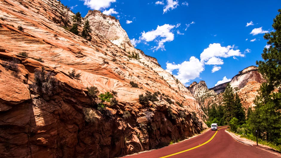 Zion-MtCarmelHwyRoad-RV_FlickrIanDKeating_940 RV driving on the Mt Carmel Highway Road in Zion National Park
