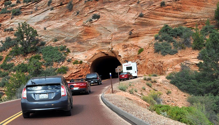 Zion-RV-at-MountCarmelTunnel_FlickrFabianKron_700 RV at the Mount Carmel Tunnel in Zion National Park